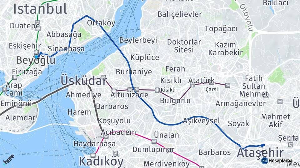 İstanbul Beyoğlu Ataşehir Arası Kaç Km - Yol Haritası