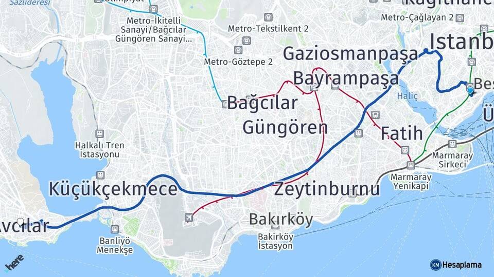 İstanbul Beyoğlu Avcılar Arası Kaç Km - Yol Haritası