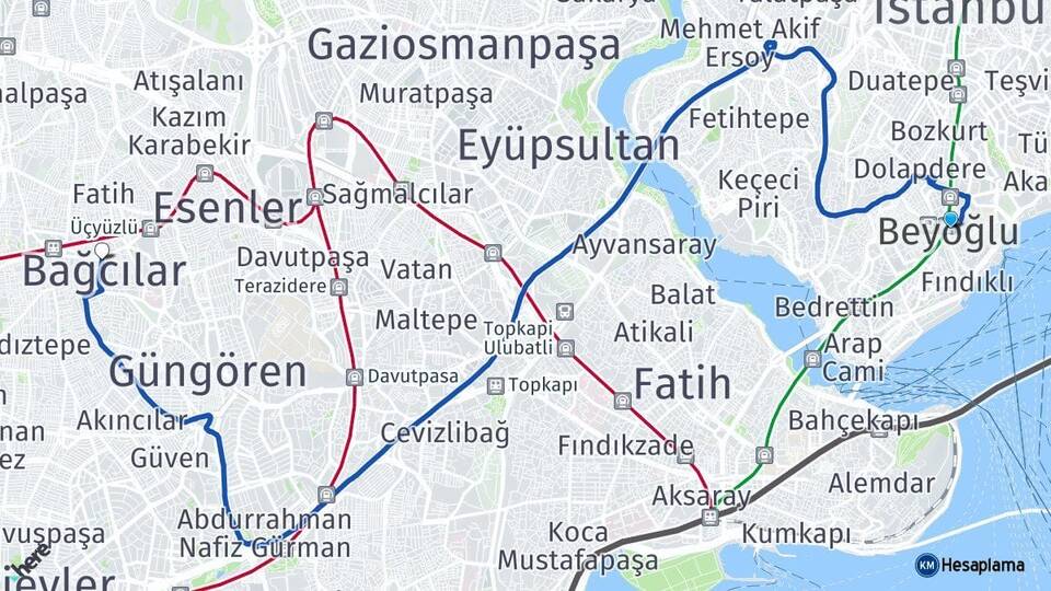 İstanbul Beyoğlu Bağcılar Arası Kaç Km - Yol Haritası