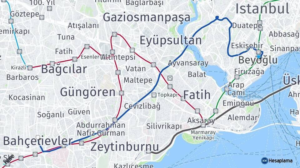 İstanbul Beyoğlu Bahçelievler Arası Kaç Km - Yol Haritası