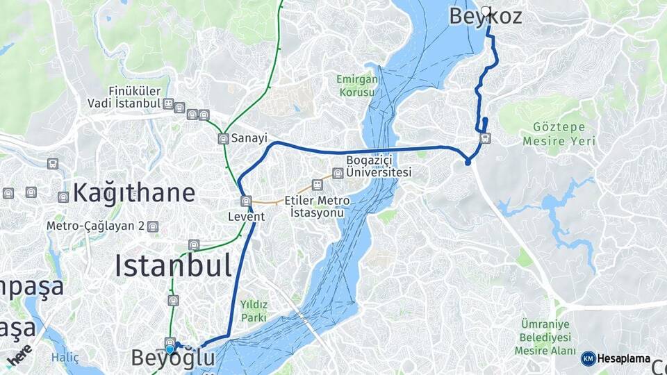 İstanbul Beyoğlu Beykoz Arası Kaç Km - Yol Haritası
