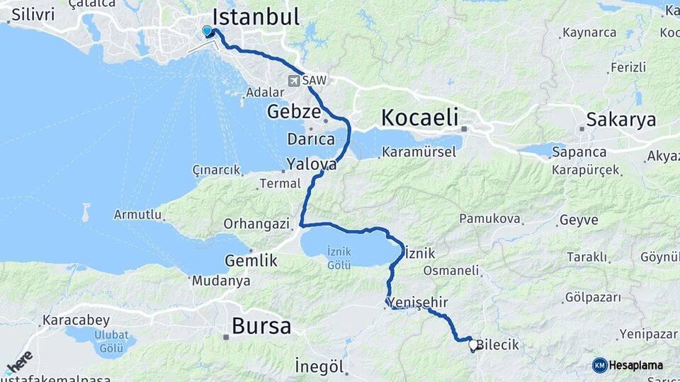 İstanbul Beyoğlu Bilecik Arası Kaç Km - Yol Haritası