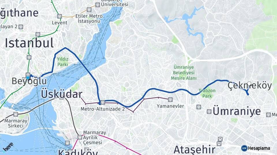 İstanbul Beyoğlu Çekmeköy Arası Kaç Km - Yol Haritası
