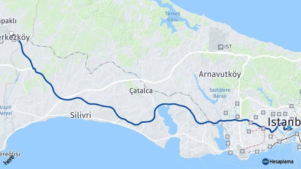 İstanbul Beyoğlu Çerkezköy Tekirdağ Arası Kaç Km - Yol Haritası