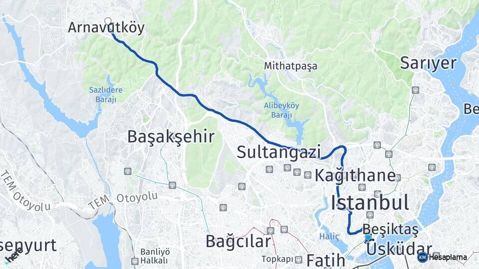 İstanbul Beyoğlu Cihangir Arnavutköy Arası Kaç Km - Yol Haritası