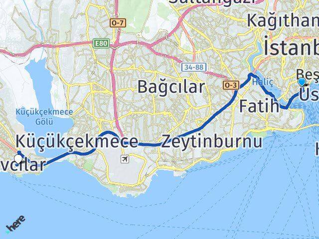 İstanbul Beyoğlu Cihangir Avcılar Arası Kaç Km - Yol Haritası