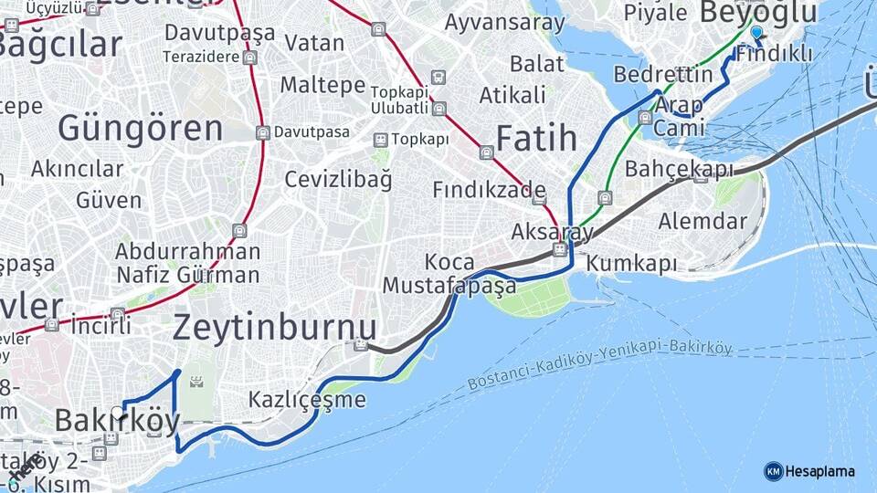 İstanbul Beyoğlu Cihangir Bakırköy Arası Kaç Km - Yol Haritası