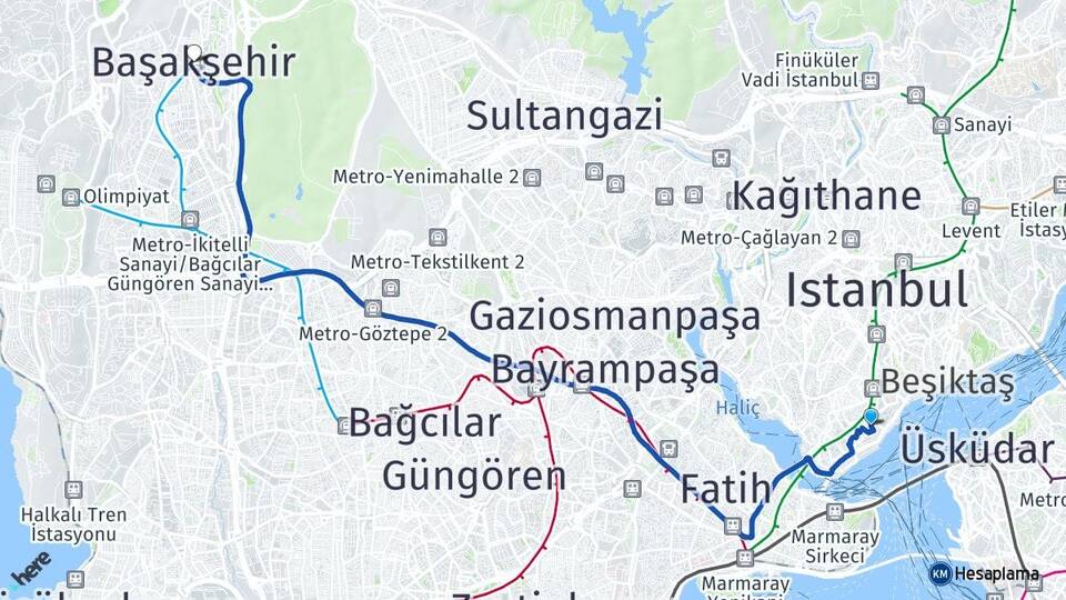 İstanbul Beyoğlu Cihangir Başakşehir Arası Kaç Km - Yol Haritası