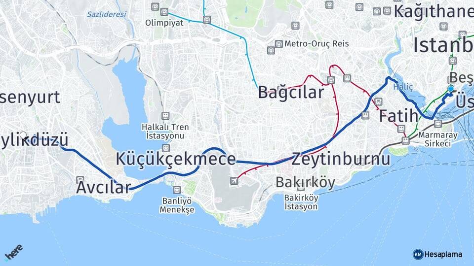 İstanbul Beyoğlu Cihangir Beylikdüzü Arası Kaç Km - Yol Haritası