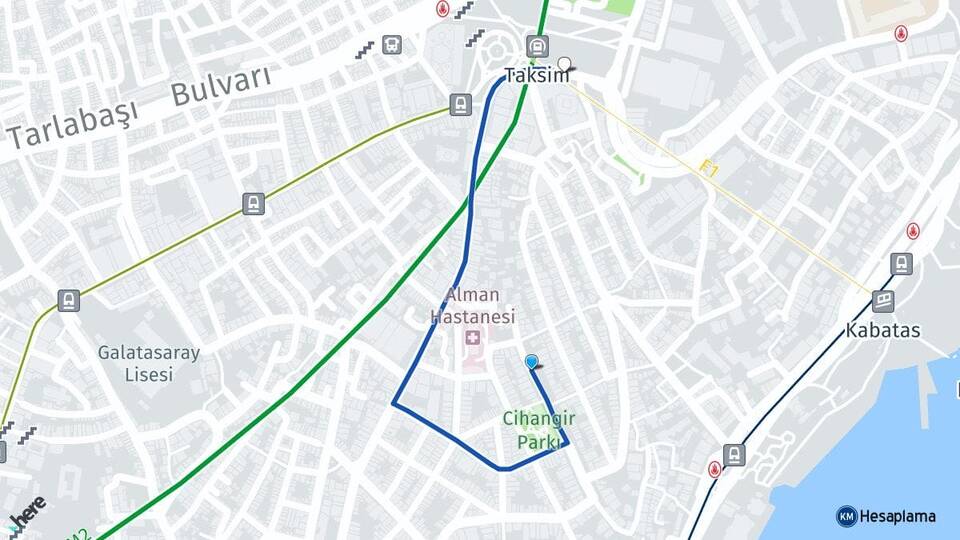 İstanbul Beyoğlu Cihangir Beyoğlu Arası Kaç Km - Yol Haritası