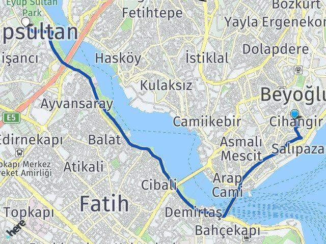 İstanbul Beyoğlu Cihangir Eyüpsultan Arası Kaç Km - Yol Haritası