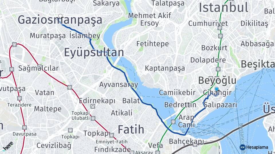 İstanbul Beyoğlu Cihangir Gaziosmanpaşa Arası Kaç Km - Yol Haritası