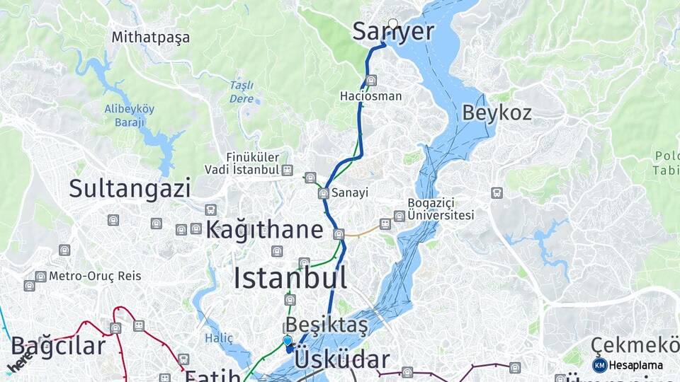 İstanbul Beyoğlu Cihangir Sarıyer Arası Kaç Km - Yol Haritası