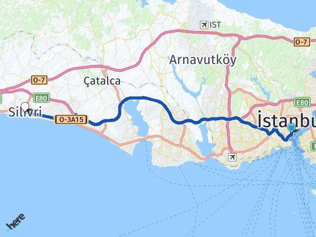 İstanbul Beyoğlu Cihangir Silivri Arası Kaç Km - Yol Haritası