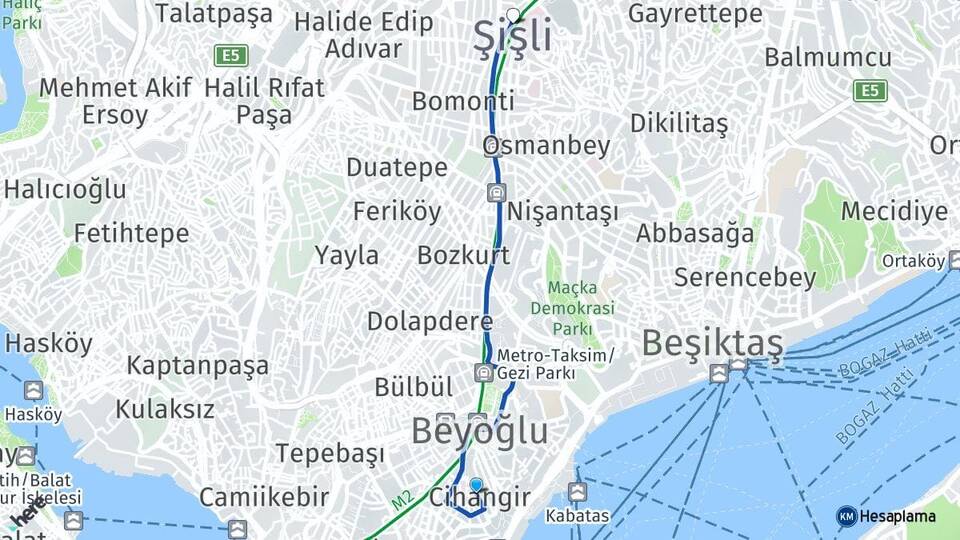 İstanbul Beyoğlu Cihangir Şişli Arası Kaç Km - Yol Haritası