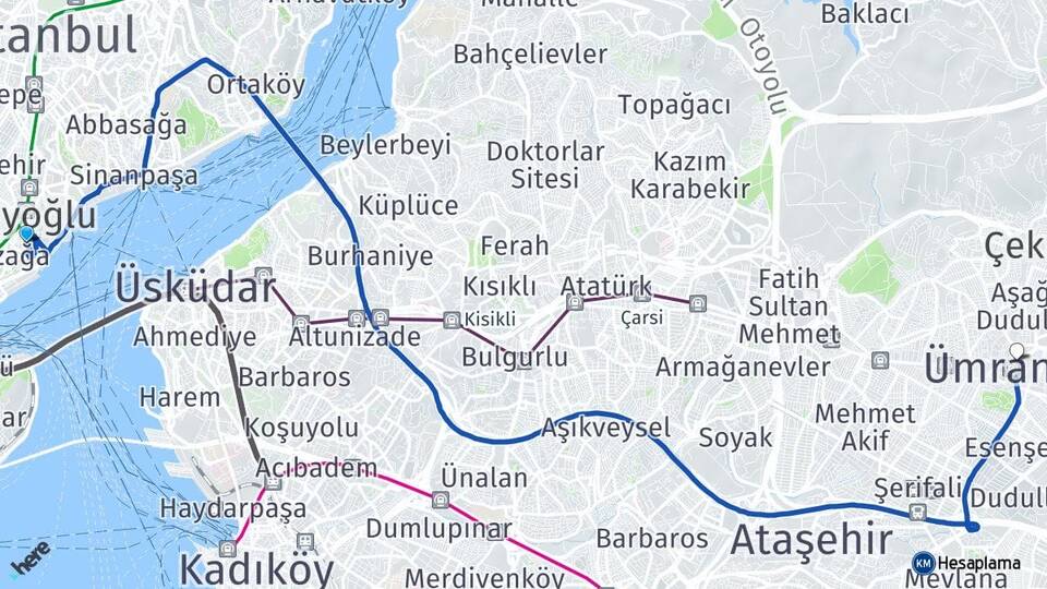 İstanbul Beyoğlu Cihangir Ümraniye Arası Kaç Km - Yol Haritası