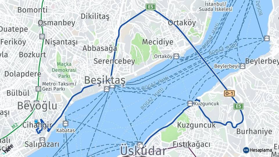 İstanbul Beyoğlu Cihangir Üsküdar Arası Kaç Km - Yol Haritası