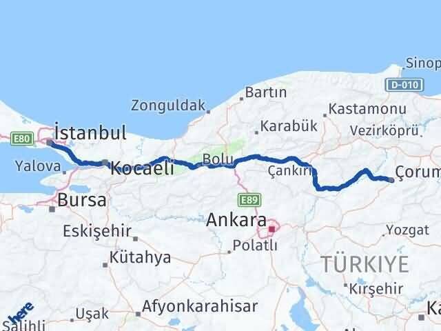 İstanbul Beyoğlu Çorum Arası Kaç Km - Yol Haritası