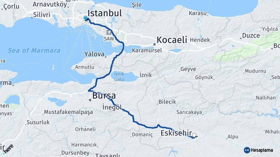 İstanbul Beyoğlu Eskişehir Arası Kaç Km - Yol Haritası