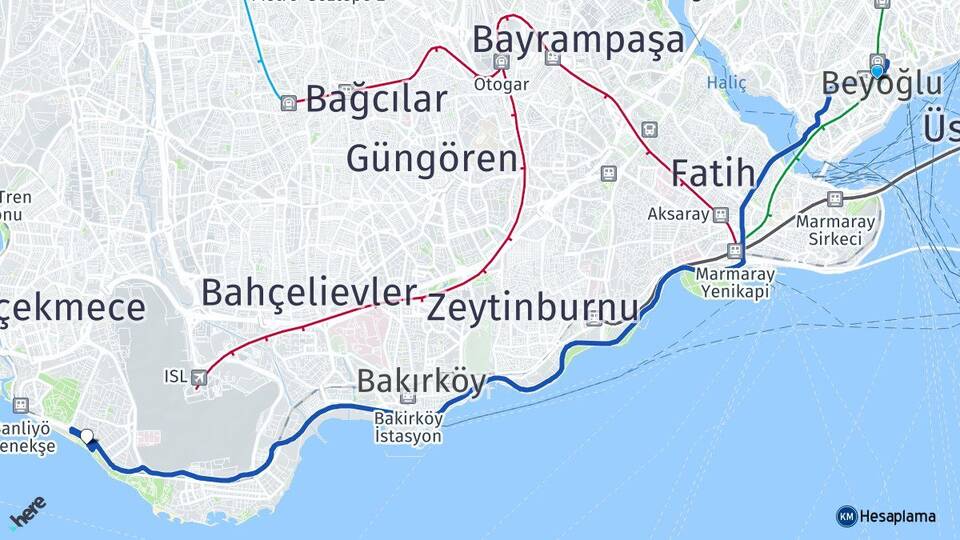 İstanbul Beyoğlu Florya Bakırköy Arası Kaç Km - Yol Haritası