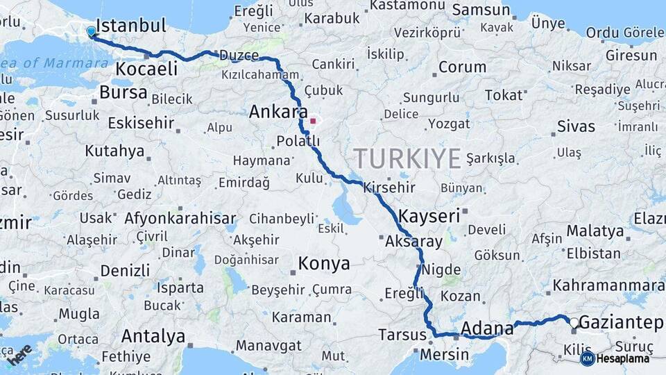 İstanbul Beyoğlu Gaziantep Arası Kaç Km - Yol Haritası
