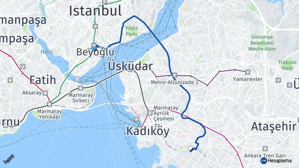 İstanbul Beyoğlu Göztepe Kadıköy Arası Kaç Km - Yol Haritası