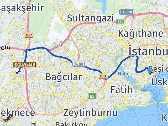 İstanbul Beyoğlu Halkalı Küçükçekmece Arası Kaç Km - Yol Haritası