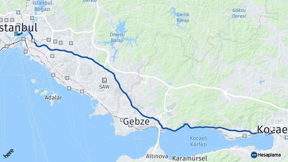 İstanbul Beyoğlu İzmit Kocaeli Arası Kaç Km - Yol Haritası