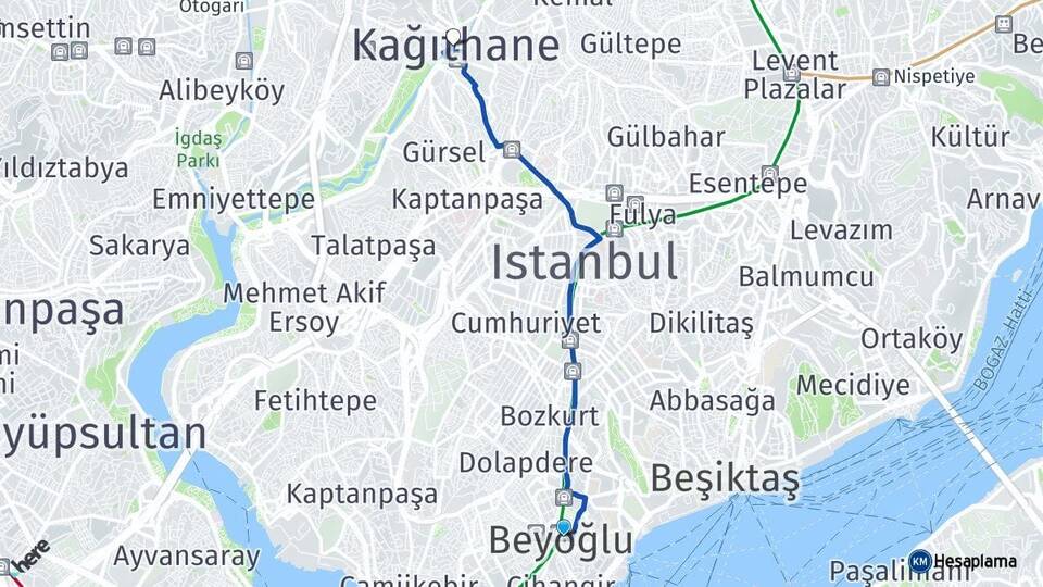 İstanbul Beyoğlu Kağıthane Arası Kaç Km - Yol Haritası