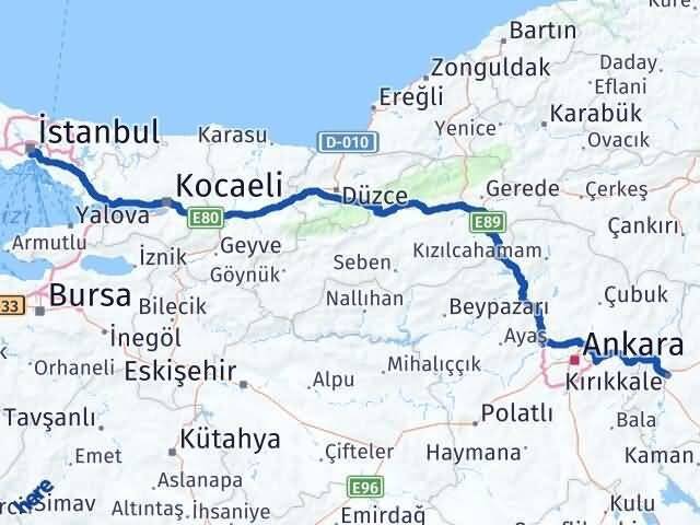 İstanbul Beyoğlu Kırıkkale Arası Kaç Km - Yol Haritası
