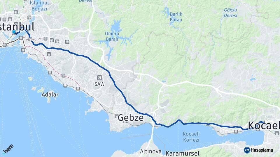 İstanbul Beyoğlu Kocaeli Arası Kaç Km - Yol Haritası