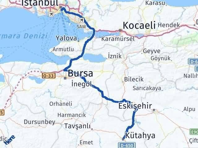 İstanbul Beyoğlu Kütahya Arası Kaç Km - Yol Haritası