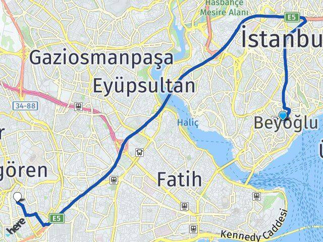 İstanbul Beyoğlu Merter Güngören Arası Kaç Km - Yol Haritası