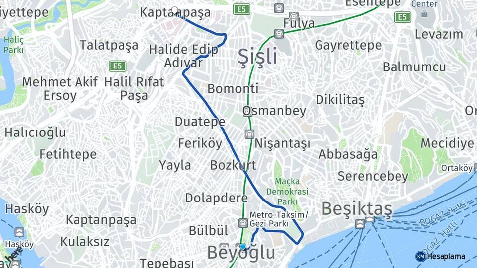 İstanbul Beyoğlu Okmeydanı Şişli Arası Kaç Km - Yol Haritası
