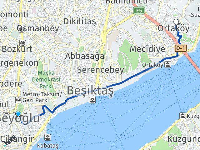 İstanbul Beyoğlu Ortaköy Beşiktaş Arası Kaç Km - Yol Haritası