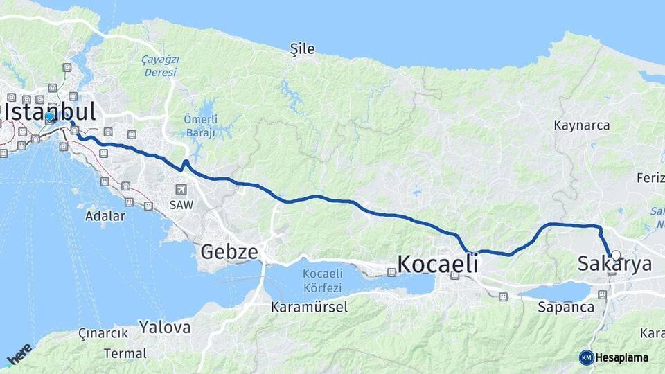 İstanbul Beyoğlu Sakarya Arası Kaç Km - Yol Haritası