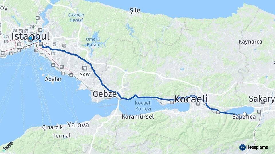 İstanbul Beyoğlu Sapanca Sakarya Arası Kaç Km - Yol Haritası