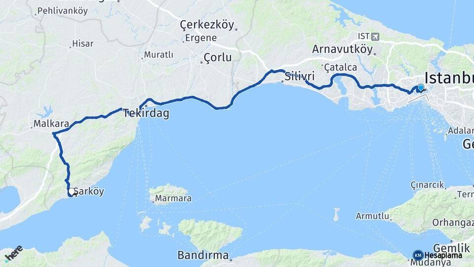 İstanbul Beyoğlu Şarköy Tekirdağ Arası Kaç Km - Yol Haritası