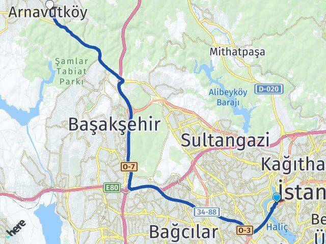 İstanbul Beyoğlu Sütlüce Arnavutköy Arası Kaç Km - Yol Haritası