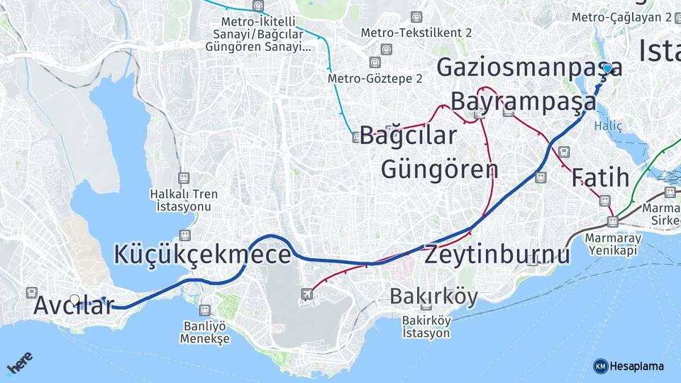 İstanbul Beyoğlu Sütlüce Avcılar Arası Kaç Km - Yol Haritası