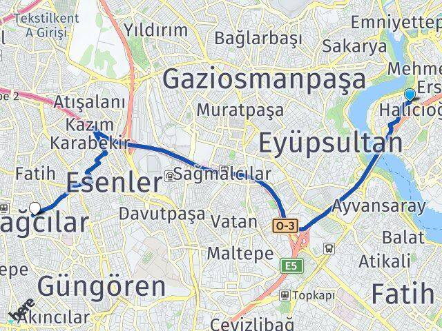 İstanbul Beyoğlu Sütlüce Bağcılar Arası Kaç Km - Yol Haritası
