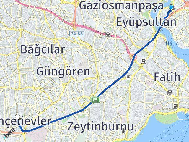 İstanbul Beyoğlu Sütlüce Bahçelievler Arası Kaç Km - Yol Haritası