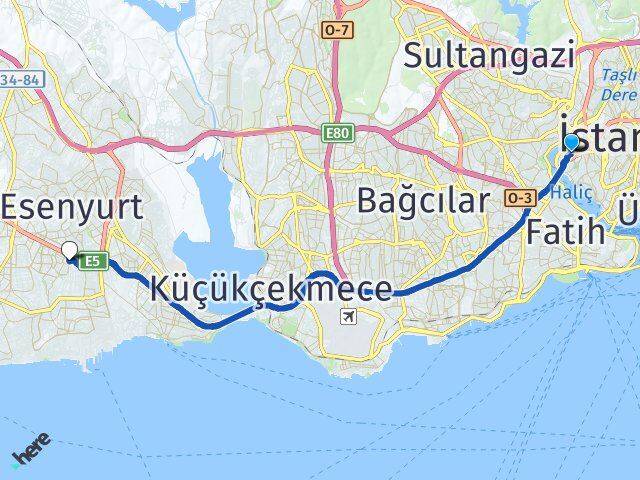 İstanbul Beyoğlu Sütlüce Beylikdüzü Arası Kaç Km - Yol Haritası