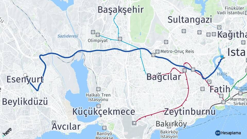 İstanbul Beyoğlu Sütlüce Esenyurt Arası Kaç Km - Yol Haritası