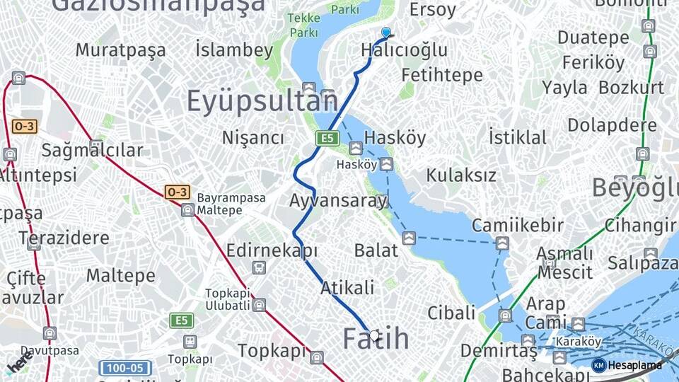 İstanbul Beyoğlu Sütlüce Fatih Arası Kaç Km - Yol Haritası