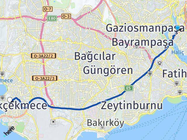 İstanbul Beyoğlu Sütlüce Küçükçekmece Arası Kaç Km - Yol Haritası