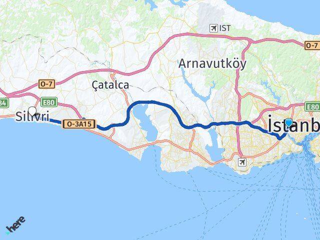 İstanbul Beyoğlu Sütlüce Silivri Arası Kaç Km - Yol Haritası