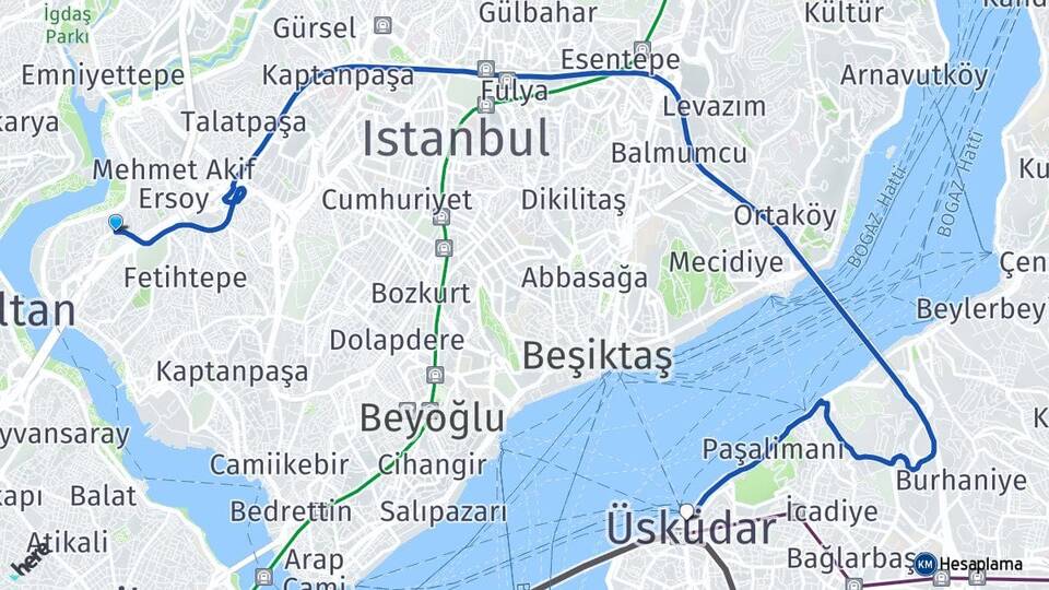 İstanbul Beyoğlu Sütlüce Üsküdar Arası Kaç Km - Yol Haritası
