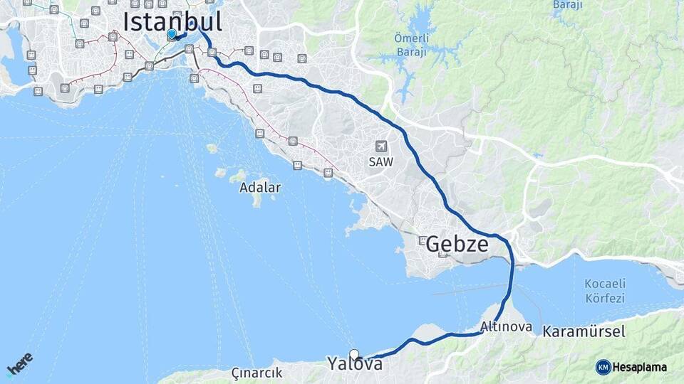 İstanbul Beyoğlu Yalova Arası Kaç Km - Yol Haritası