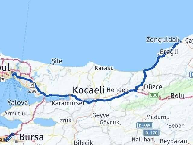 İstanbul Beyoğlu Zonguldak Arası Kaç Km - Yol Haritası